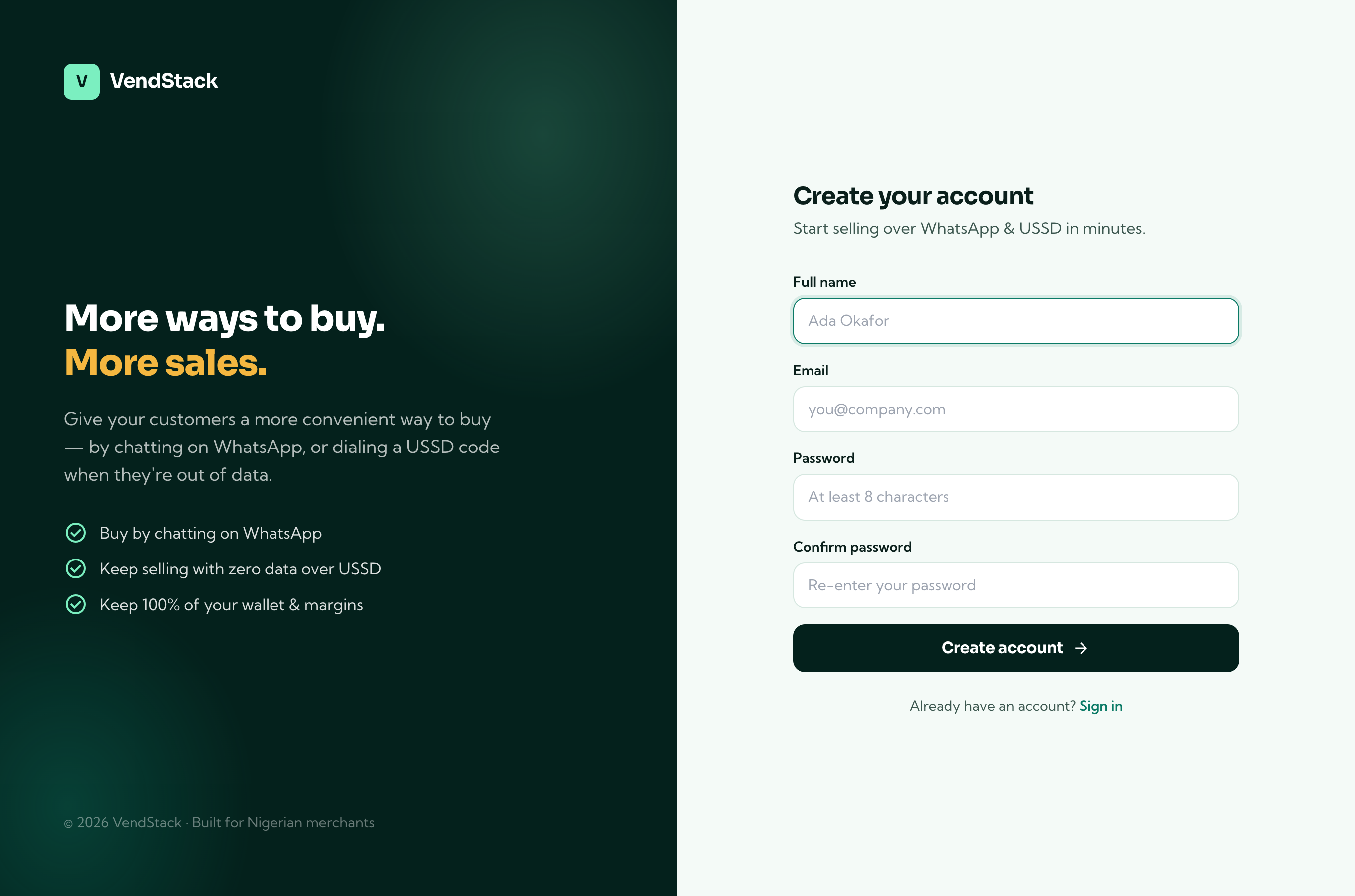 The VendStack sign-up screen