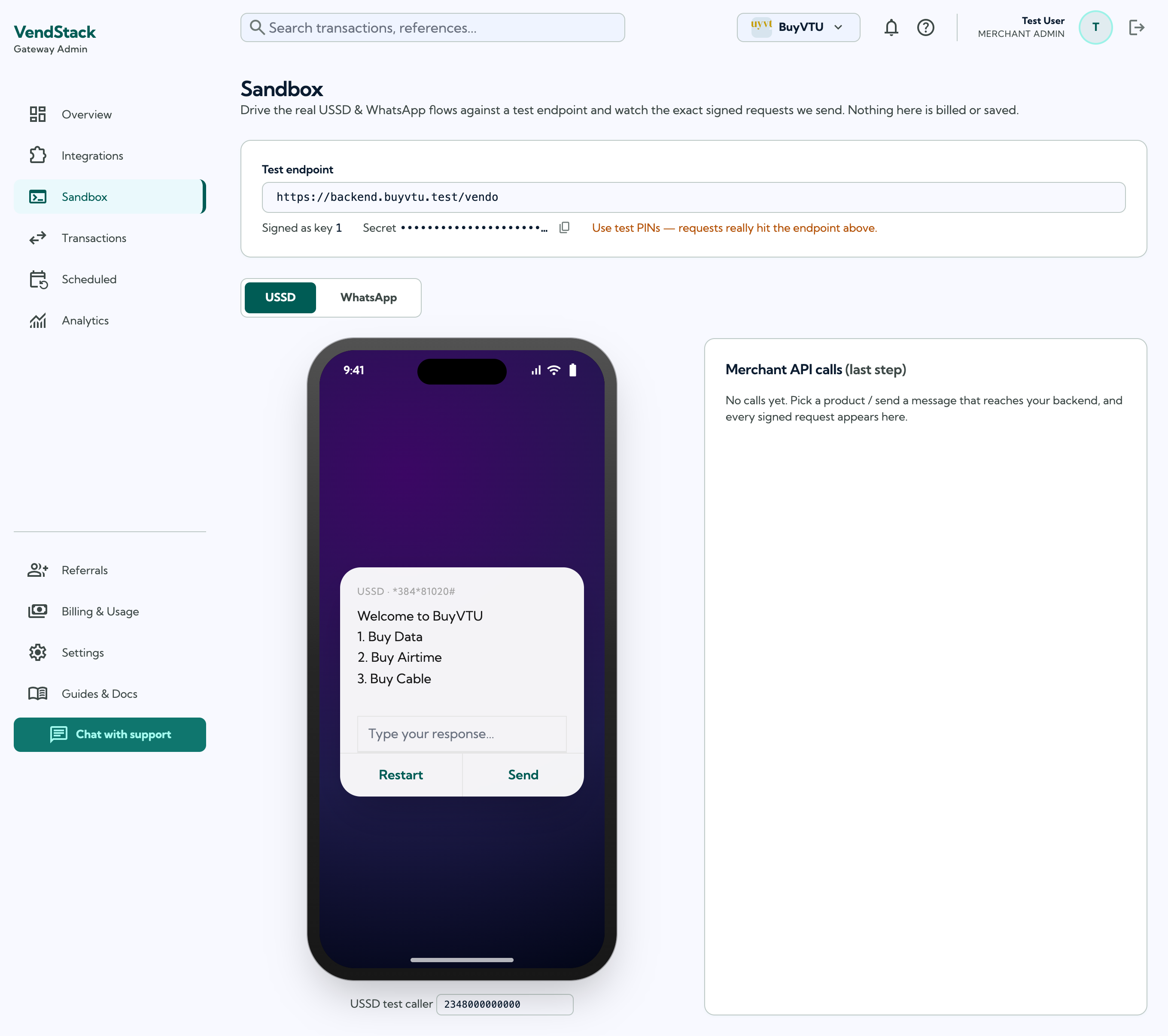 The Sandbox with a phone simulator and the live Merchant API call log