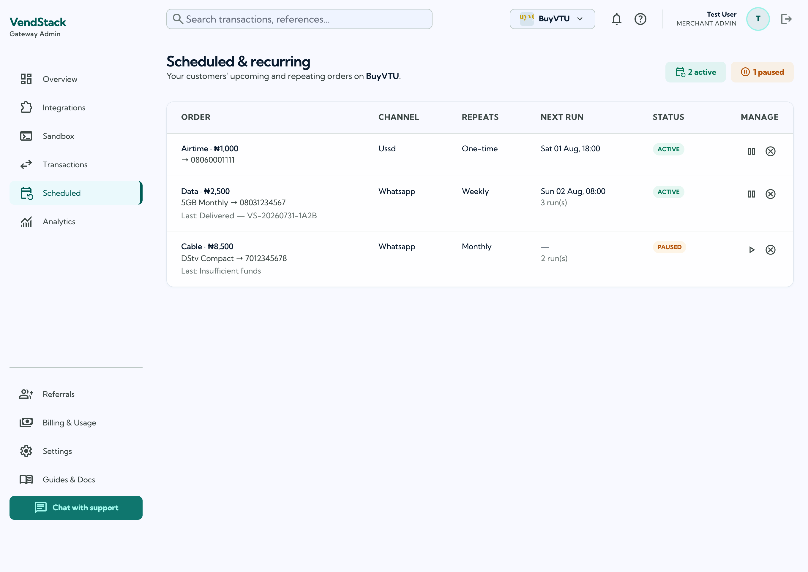 The Scheduled orders page
